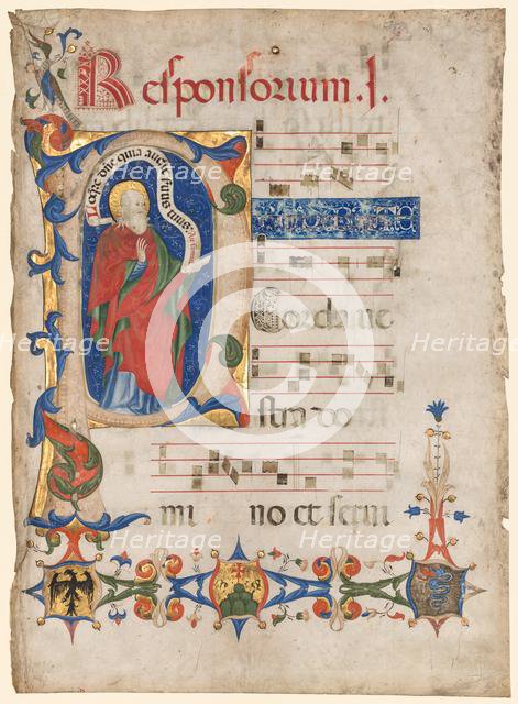 Leaf from an Antiphonary: Historiated Initial P with the Prophet Samuel..., c. 1439-1447. Creator: Olivetan Master (Italian).