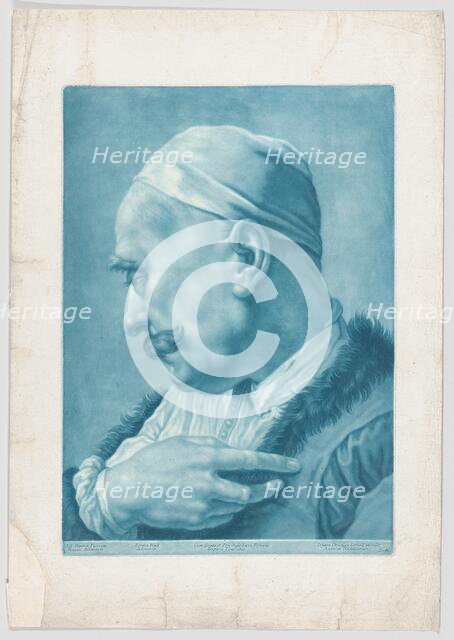 Imaginary portrait head of a man wearing a cap and fur-trimmed coat; from the serie..., ca. 1730-50. Creator: Johann Lorenz Haid.