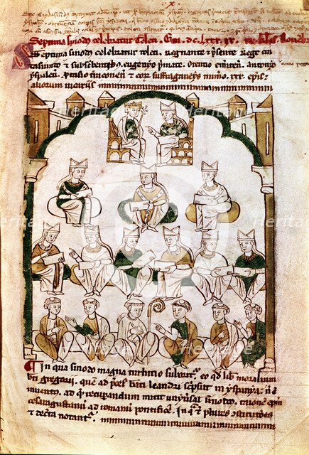 7th century, 7th Council of Toledo, summoned by King Chindasvinto, miniature in 'Primacy of the C…