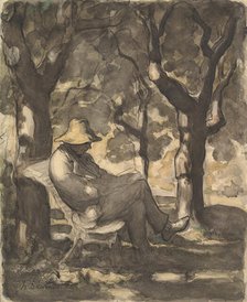 A Man Reading in a Garden (recto)..., ca. 1865. Creator: Honore Daumier.