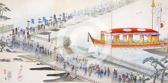 Attending a Festival: crossing a pontoon bridge to the sacred site. Creator: Japanese School (19th century).
