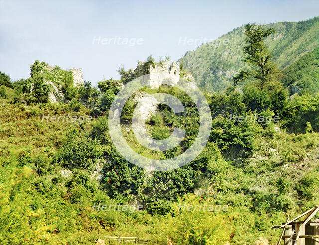 General view of the ruins of a castle near the Bzyb River, from the highway, between 1905 and 1915. Creator: Sergey Mikhaylovich Prokudin-Gorsky.