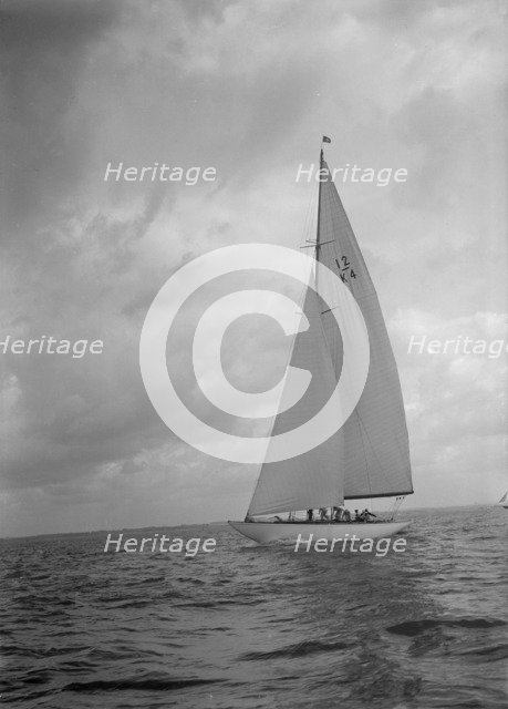 The 12 Metre bermuda rig sailing yacht 'Westra', 1936. Creator: Kirk & Sons of Cowes.