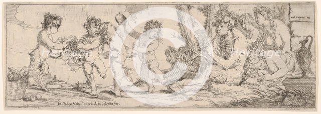 Bacchanal with satyr playing a lute and surrounded by four figures, who look toward a s..., 1640-60. Creator: Giulio Carpioni.