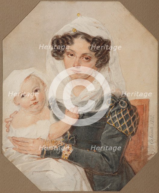 Portrait of Countess Maria Nikolayevna Volkonskaya (1805-1863) with son Nikolay, 1826. Artist: Sokolov, Pyotr Fyodorovich (1791-1848)