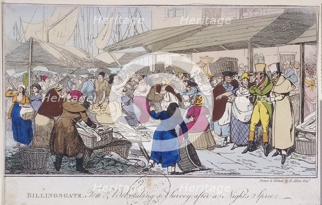 'Billingsgate: Tom and Bob taking a survey after a nights' spree', London, 1820. Artist: Henry Thomas Alken