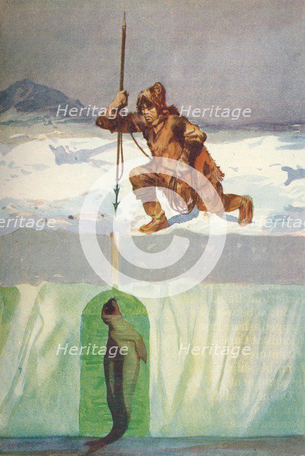 'Eskimo About To Spear A Seal Through Its Breathing-Hole', c1927,  (1928). Artist: Henry Evison.
