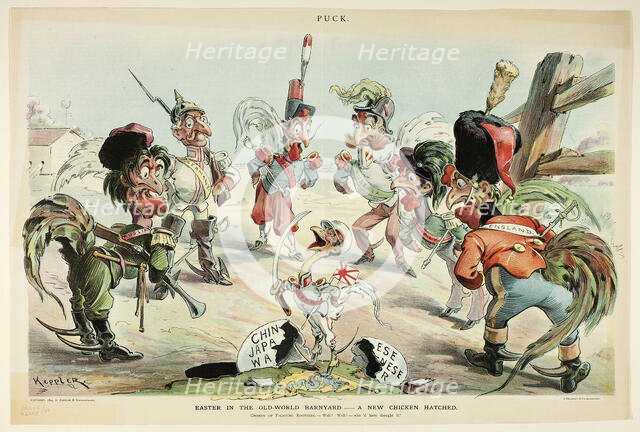 Easter in the Old World Barnyard, from Puck, 1895. Creator: Joseph Keppler.