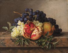 Pomegranates and green and blue grapes on a marble frame, 1833. Creator: Jensen, Johan Laurentz (1800-1856).