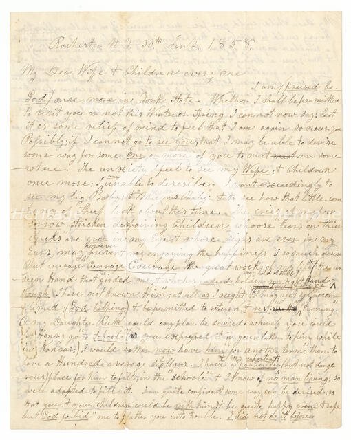 Letter written by John Brown and Frederick Douglass to Brown's wife and children, January 30, 1858. Creators: Frederick Douglass, John Brown.
