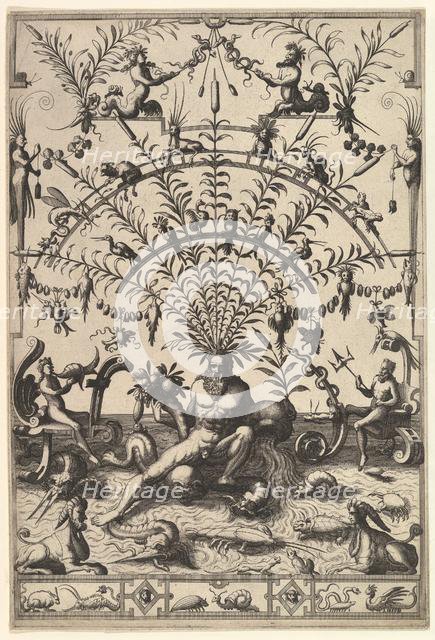 Modern Grotesque Decoration with a River God, 1557. Creator: Johannes van Doetecum I.