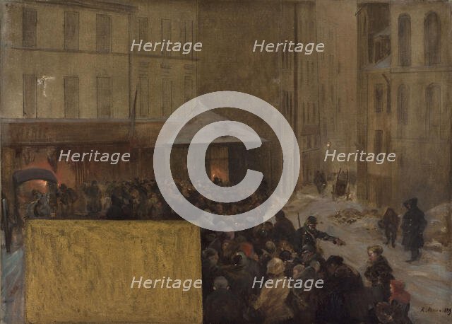 Esquisse pour l'Hôtel de Ville de Paris. Queues à la porte d'une boucherie municipale..., 1889. Creator: Raoul Arus.