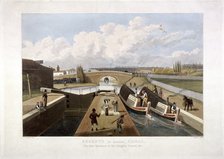 Regent's Canal, with barges, Islington, London, 1822. Artist: John Cleghorn