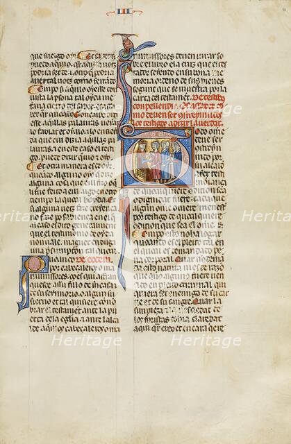 Initial T: Two Men and Two Witnesses before a Judge; Vidal Mayor, about 1290-1310. Creator: Unknown.