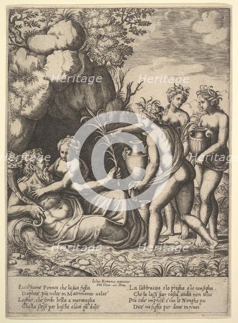 Daphne embracing her father, the river-god Peneus, at the left three nymphs bring jars ..., 1530-60. Creator: Master of the Die.
