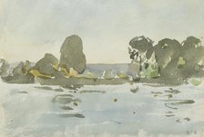 Landscape sketch with a body of water, trees and a low hill in the distance, mid 20th century. Creator: Rodney Burn.