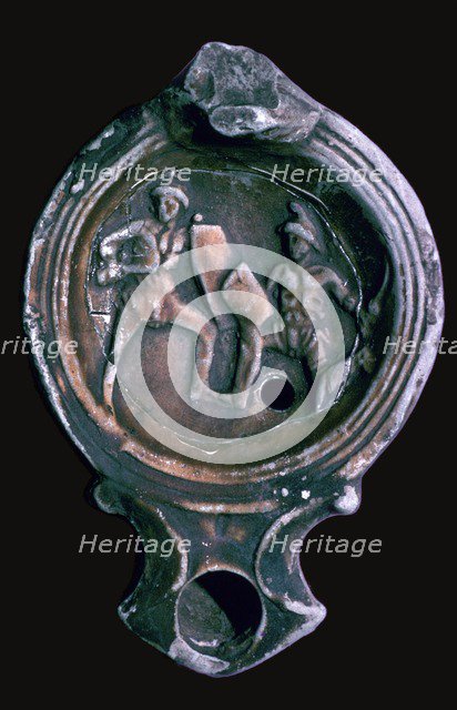 Roman clay lamp with design of gladiators, 3rd century. Artist: Unknown