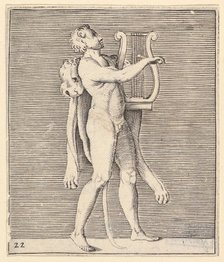Hercules playing a lyre, a lionskin draped over his shoulder, published ca. 1599-1622. Creator: Unknown.