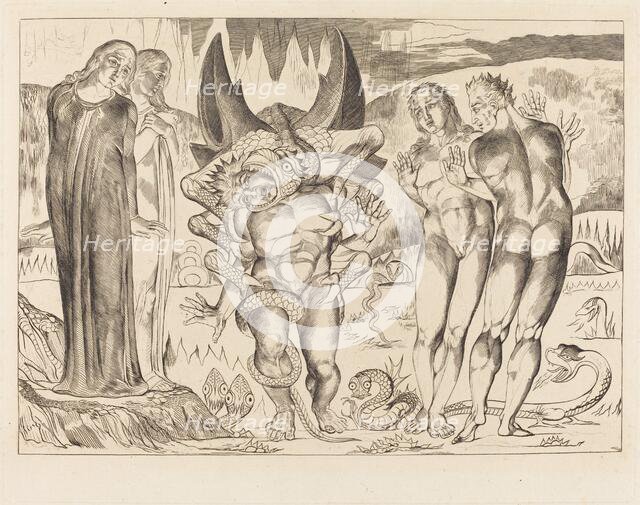 The Circle of the Thieves; Agnolo Brunelleschi Attacked by a Six-Footed Serpent, 1827. Creator: William Blake.