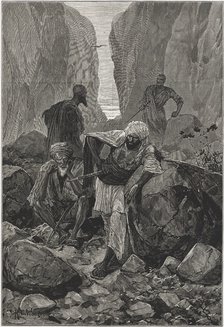 British-Afghan war, Afghan warriors placed in ambush in the Khyber Pass, engraving from 1878.