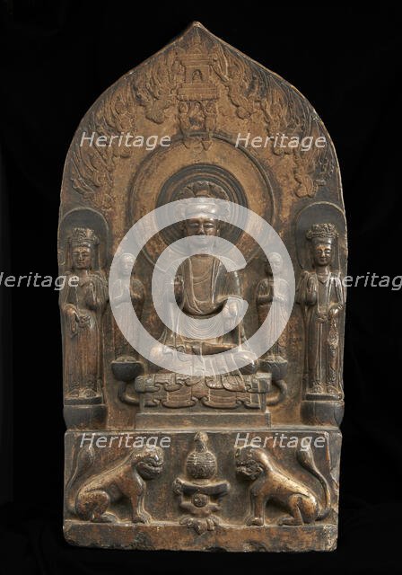 Buddhist tablet: seated central figure flanked by monk..., Period of Division, 550-577. Creator: Unknown.