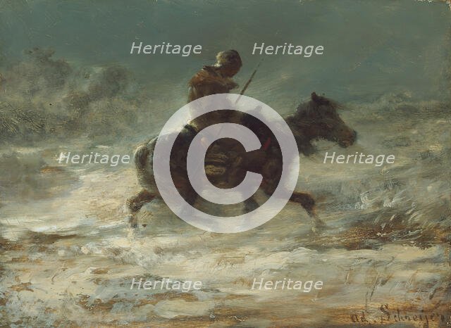 Man with Lance Riding through the Snow, c. 1880. Creator: Christian Adolf Schreyer.
