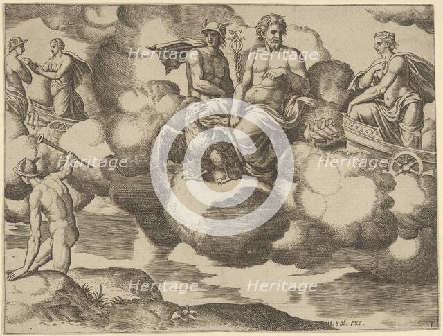 Venus in her dove-drawn chariot complaining to Jupiter who is accompanied by Mercury, f..., 1530-60. Creator: Master of the Die.