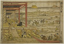 Gathering Shellfish at Low Tide at Shinagawa (Shinagawa shiohigari no zu), 1740s. Creator: Furuyama Moromasa.