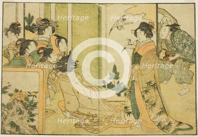 New Year Manzai Performance at a Feudal Lord's Mansion, from the illustrated book "Picture..., 1801. Creator: Kitagawa Utamaro.
