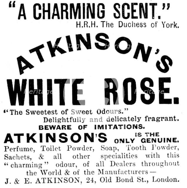 Advertisement for Atkinson's White Rose, 1895. Creator: Unknown.