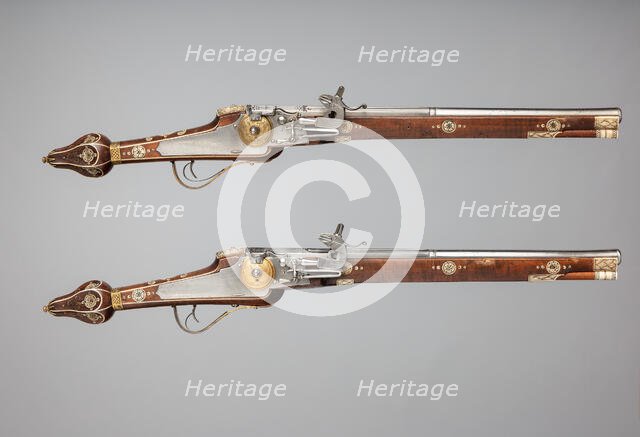 Pair of Wheellock Pistols Made for the Bodyguard of the Prince-Elector of Saxony, German, c1610. Creators: Simon Helbig, Hans Fleischer.