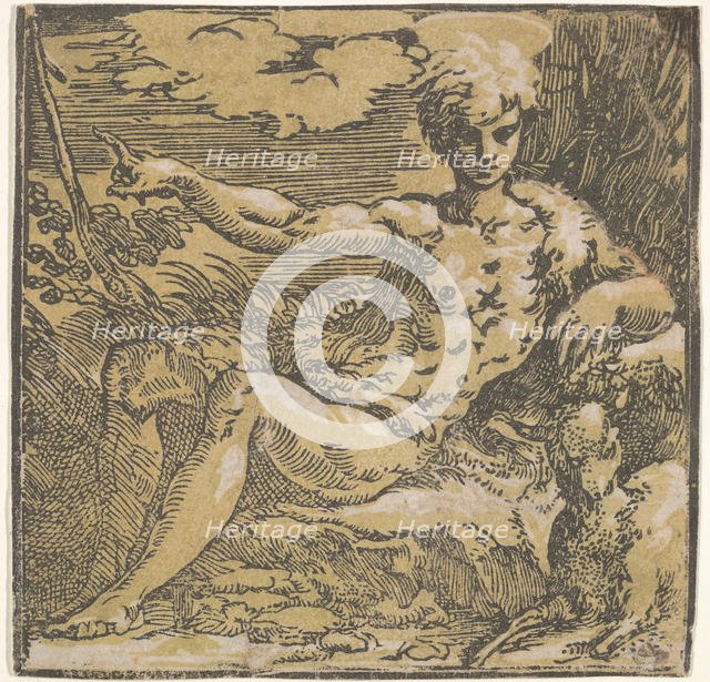 Saint John the Baptist in the desert, a lamb by his side, ca. 1527-30. Creator: Antonio da Trento.