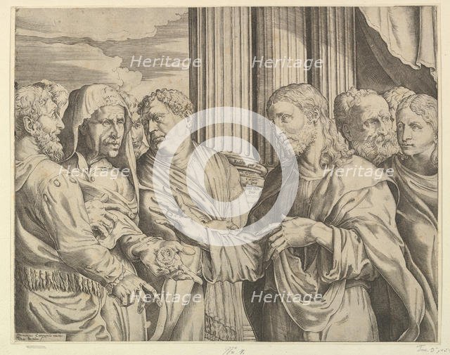 The Triubute Money: Christ at center right gesturing to man at his left with coins ..., ca. 1564-89. Creator: Domenico Campagnola.