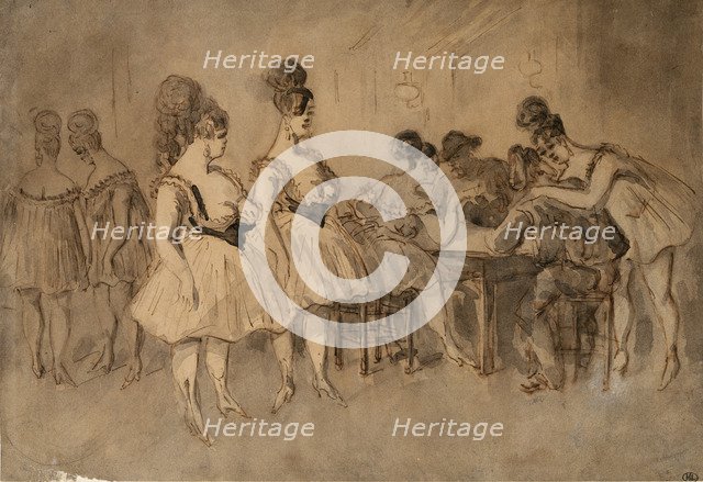 Men with scantily dressed women sitting at the table.