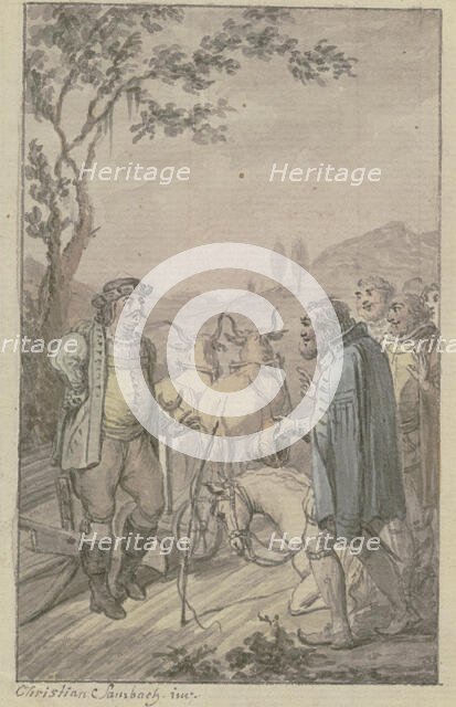 A plowing man with a team of oxen approaches a group of bareheaded men, a horse kneeling. Creator: Christian Sambach.