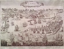 View of the city of Cadiz and its port, 17th century engraving.