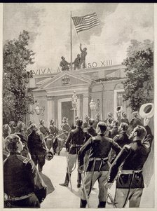 Surrender of Santiago de Chile, the American flag is raised on the governor's palace before Gener…