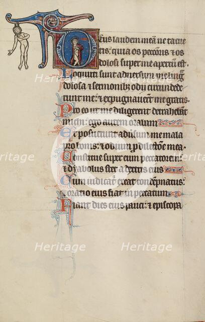 Inital D: A Partially Nude Saint Wrings his Hands; Bute Psalter, text and illumination about 1285. Creator: Bute Master.