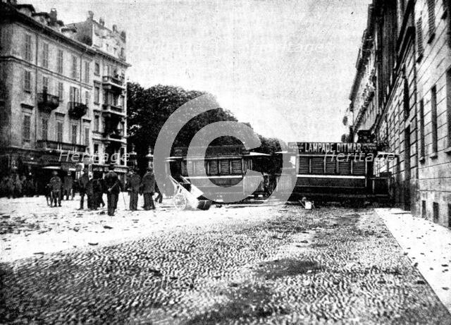 The Riots in Italy: street scenes in Milan - the Corso Venezia barricaded with tramway cars, 1898. Creator: Unknown.