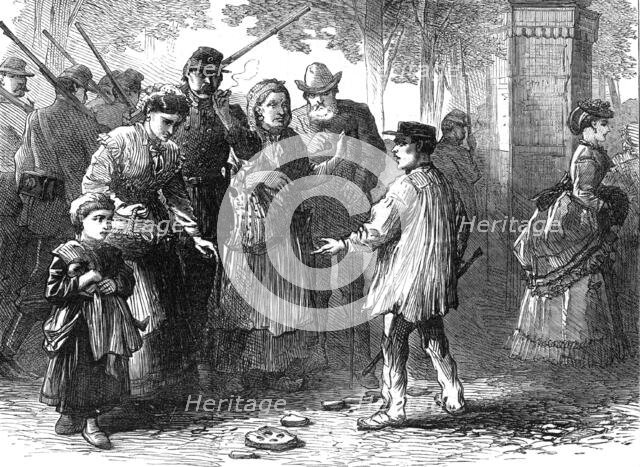 The French Siege of Paris: selling fragments of shells in the Avenue des Champs Elysées, 1871. Creator: Unknown.