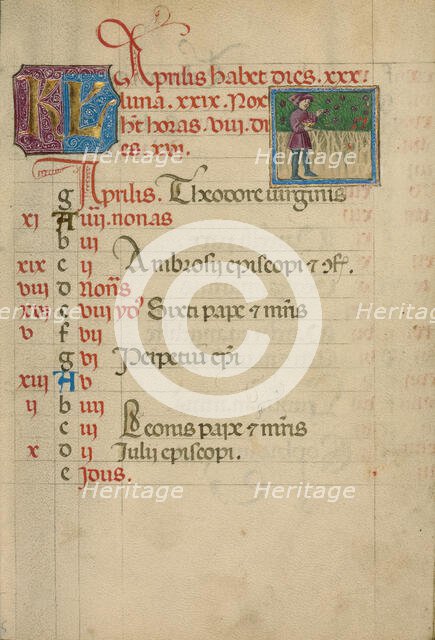 April Calendar Page; Gathering Flowers; Book of Hours, about 1460. Creator: Unknown.
