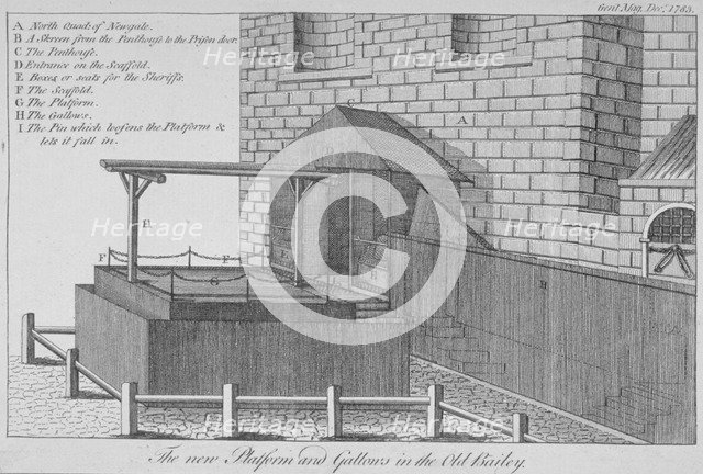 The platform and gallows at Newgate Prison, Old Bailey, City of London, 1783. Artist: Anon
