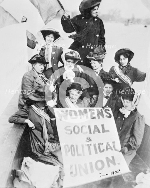 Suffragettes advertising the Women's Social and Political Union, from a boat, June 1908. Artist: Unknown