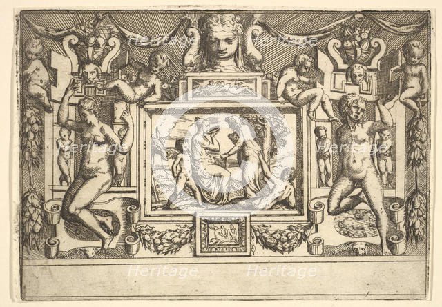 Young woman drinking from a bowl, an old woman standing in front of her, set within..., ca. 1540-80. Creator: Battista del Moro.