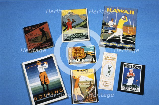 Collection of golfing travel pamphlets and luggage labels, c1900-1940. Artist: Unknown