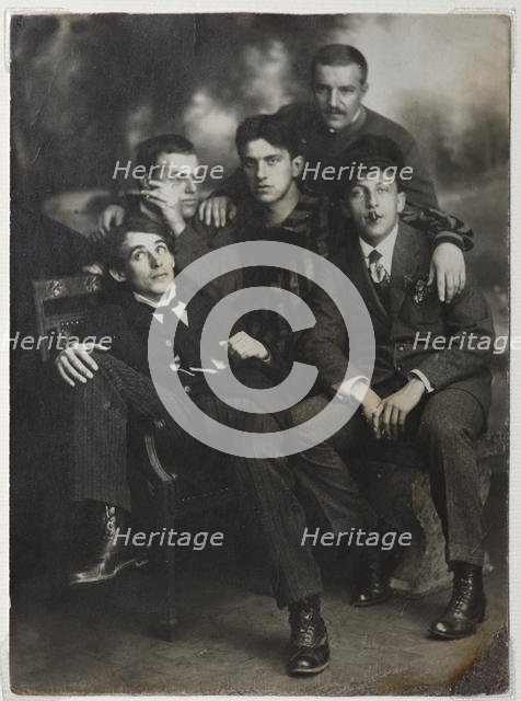 Aleksei Kruchenykh, David Burliuk, Vladimir Mayakovsky, Nikolai Burliuk and Benedikt Livshits, 1913. Creator: Anonymous.