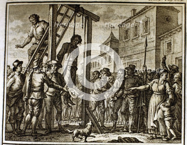 Hanging the Governor by settlers during the French occupation (1650), engraving, 1807.