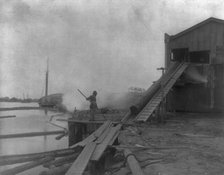 African American guiding log from water onto saw mill ramp, Newport News, Va., 1900, 1899 or 1900. Creator: Frances Benjamin Johnston.