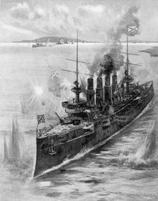 Russian cruiser under fire, Russo-Japanese War, 1904-5. Artist: Unknown