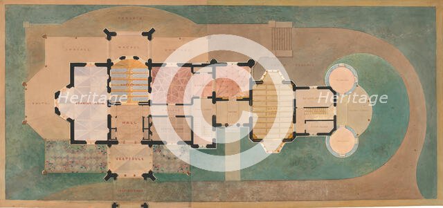 Lyndhurst for George Merritt, Tarrytown, New York (first floor plan), 1865. Creator: Alexander Jackson Davis.